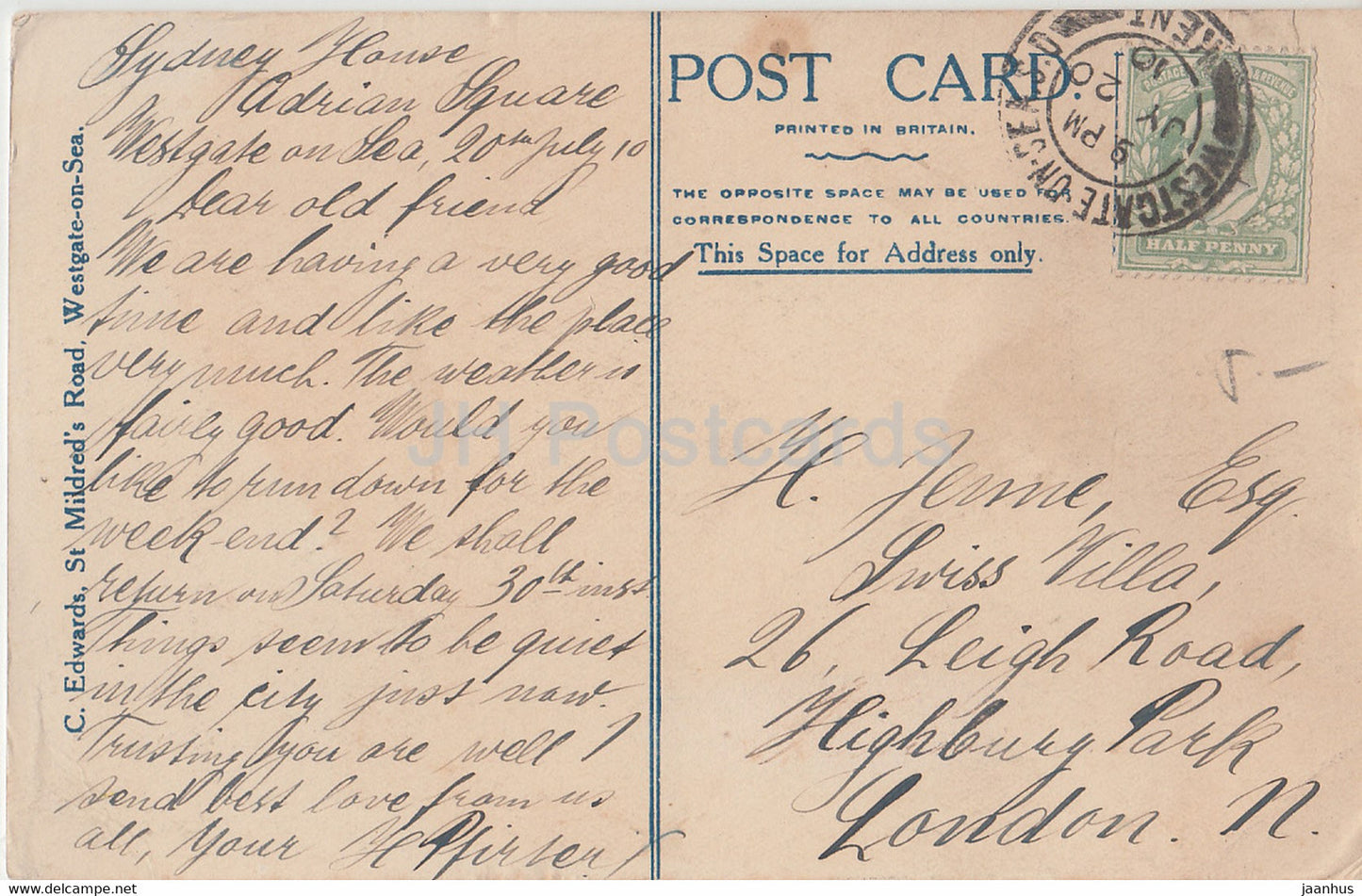 Westgate On Sea - West Bay - old postcard - 1910 - England - United Kingdom - used