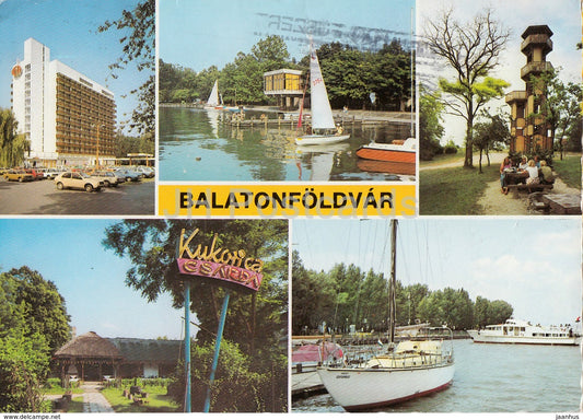 Balaton - Balatonfoldvar - hotel - sailing boat - car  - tower - multiview - 1987 - Hungary - used - JH Postcards