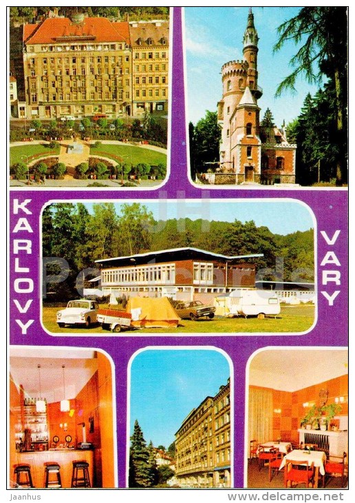 hotel Central - camping - Rozhledna Goethova vyhlídka - Karlovy Vary - Karlsbad - Czechoslovakia - Czech - unused - JH Postcards