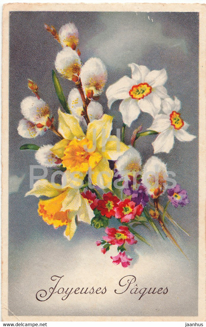 Easter Greeting Card - Joyeuses Paques - flowers - narcissus - EAS 1690 - old postcard - France - used - JH Postcards