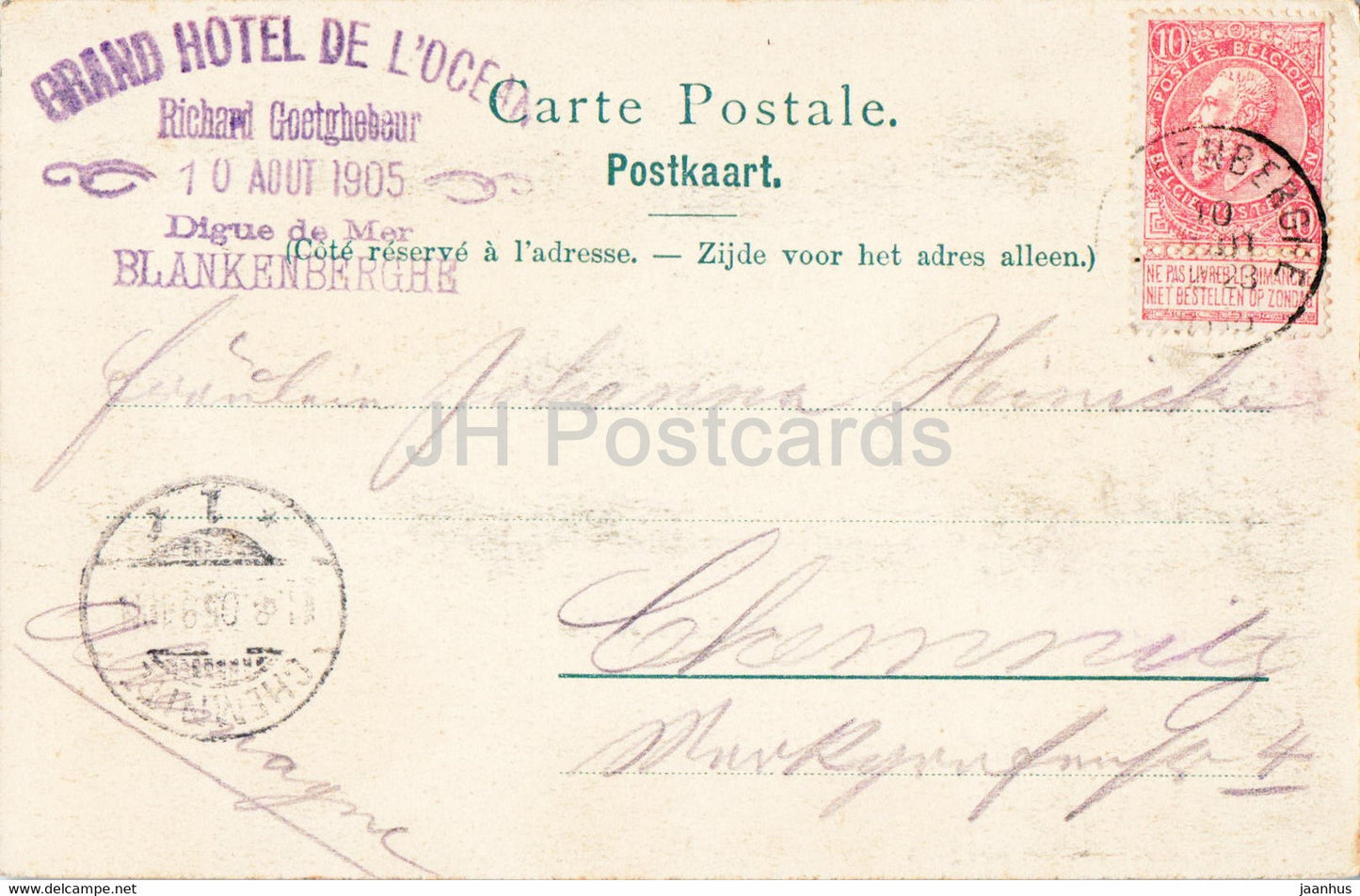 Blankenberge - Les Bains de Mer - Grand Hotel de L'Ocean - alte Postkarte - 1905 - Belgien - gebraucht
