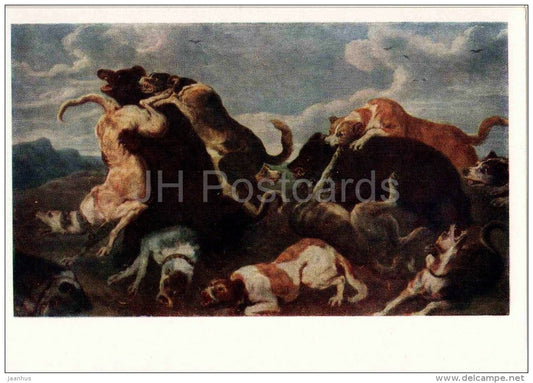 painting by Paul de Vos - Hunting of bears - dog - bear - dutch art - unused - JH Postcards