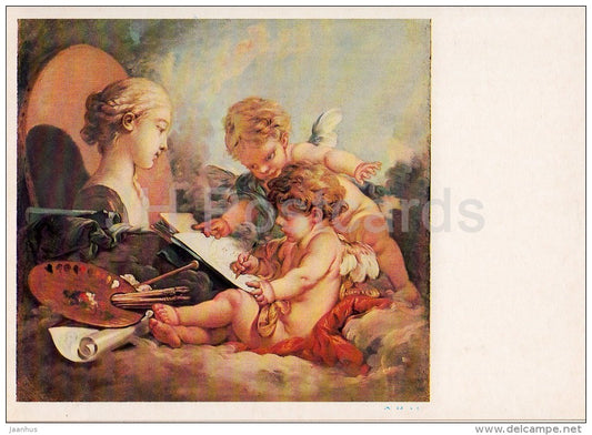 painting by Francois Boucher - Cupid . Allegory of painting - French art - Russia USSR - 1986 - unused - JH Postcards