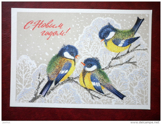New Year greeting card - illustration by L. Manilova - tits - birds - 1975 - Russia USSR - used - JH Postcards