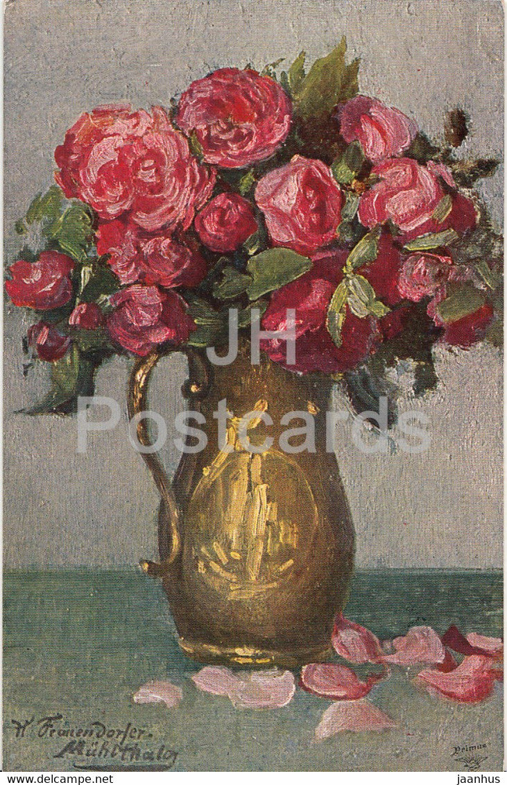 painting by Helene VON FRAUENDORFER-MUHLTHALER - peonies in a vase - 1179 - German art - old postcard - Germany - used - JH Postcards