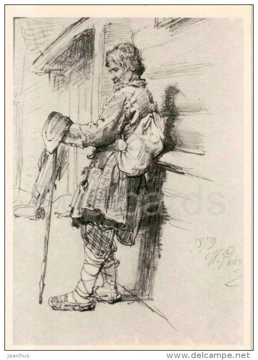 Drawing by I. Repin - A beggar with a wallet , 1879 - russian art - unused - JH Postcards