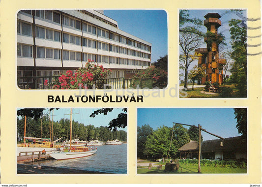 Balaton - Balatonfoldvar - hotel - tower - sailing boat - multiview - 1985 - Hungary - used - JH Postcards