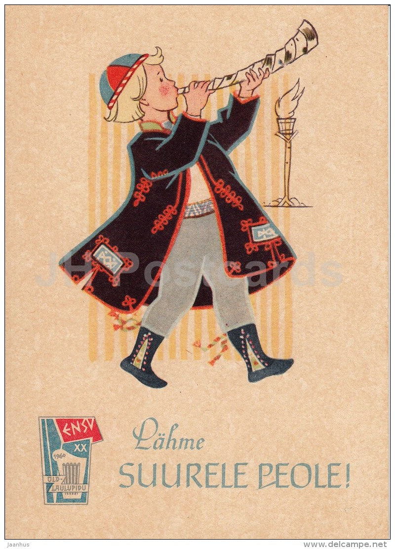 illustration by M. Fuks - Going to Song Festival - Boy in Estonian Folk Costume - 1960 - Estonia USSR - unused - JH Postcards