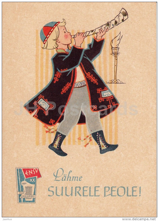 illustration by M. Fuks - Going to Song Festival - Boy in Estonian Folk Costume - 1960 - Estonia USSR - unused - JH Postcards