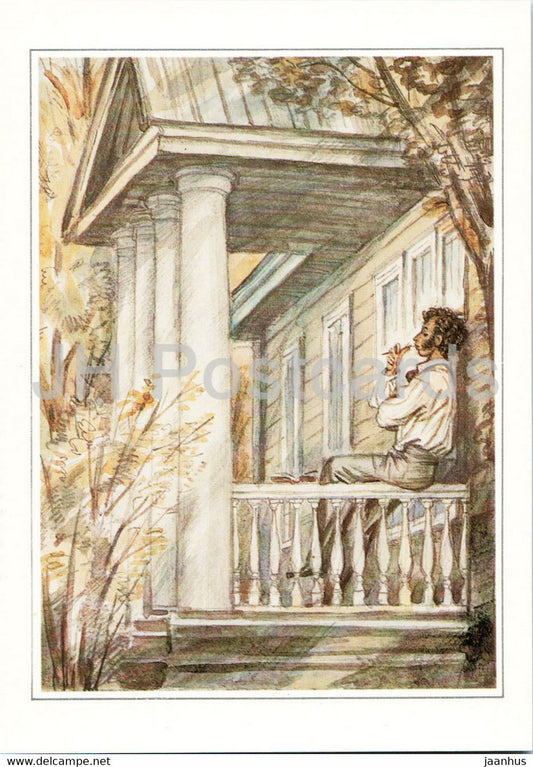 Russian writer Alexander Pushkin - 1824  in Mikhailovskoye - illustration - 1984 - Russia USSR - unused - JH Postcards