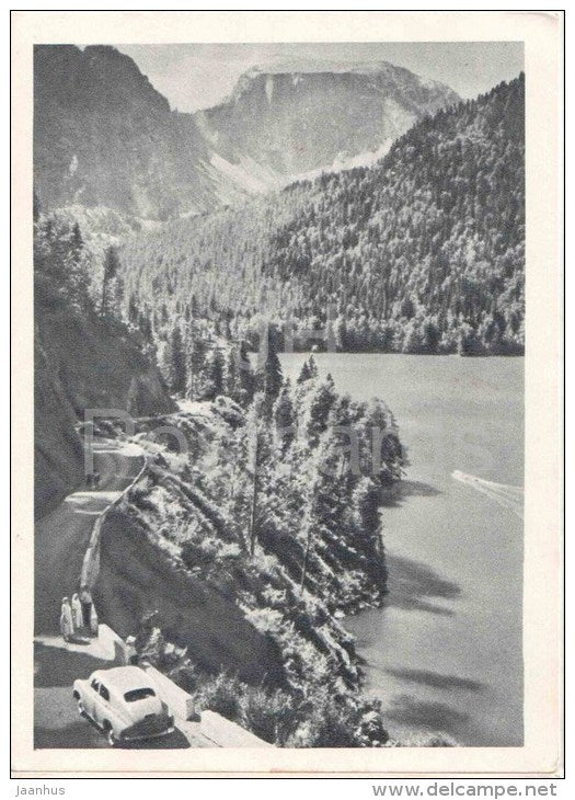 cornice highway - Pshegishva mountain - car Pobeda - Lake Ritsa - Abkhazia - Caucasus - 1955 - Georgia USSR - unused - JH Postcards