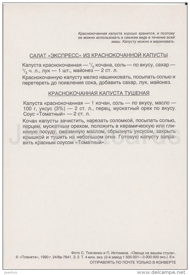 Red Cabbage Salad - Vegetable Dishes - recipes - 1990 - Russia USSR - unused - JH Postcards