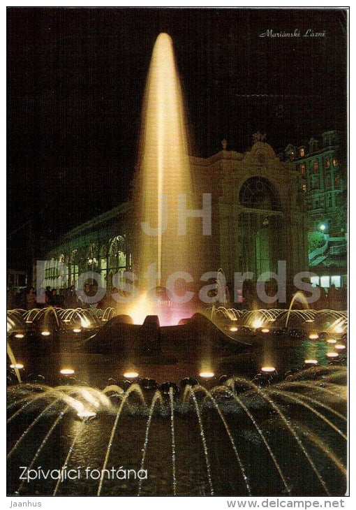 Marianske Lazne- spa - Zpivajici (Singing) fountain - stamp cats - Czech - used 1999 - JH Postcards