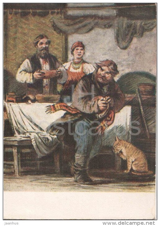 illustration by M. Taranov - Demyanov Soup - cat -Fable by Krylov - 1956 - Russia USSR - unused - JH Postcards