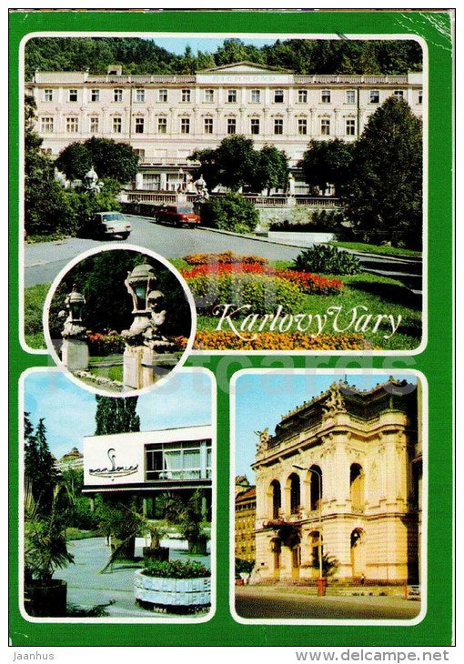 sanatorium Richmond - sanatorium Sanssouci - theatre - Karlovy Vary - Karlsbad - Czechoslovakia - Czech - used 1982 - JH Postcards