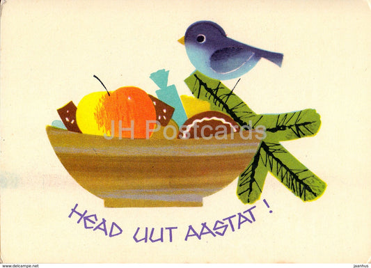 New Year Greeting Card by L. Harm - birds - apple - candies - 1967 - Estonia USSR - unused - JH Postcards