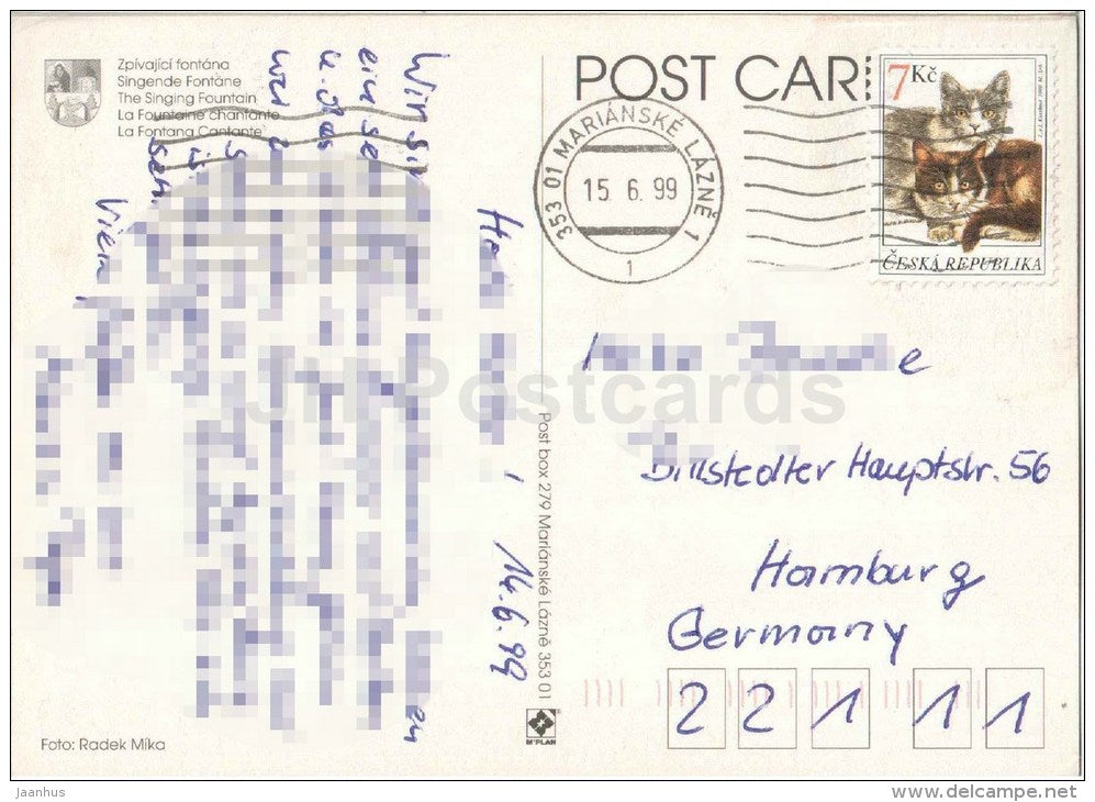 Marianske Lazne- spa - Zpivajici (Singing) fountain - stamp cats - Czech - used 1999 - JH Postcards