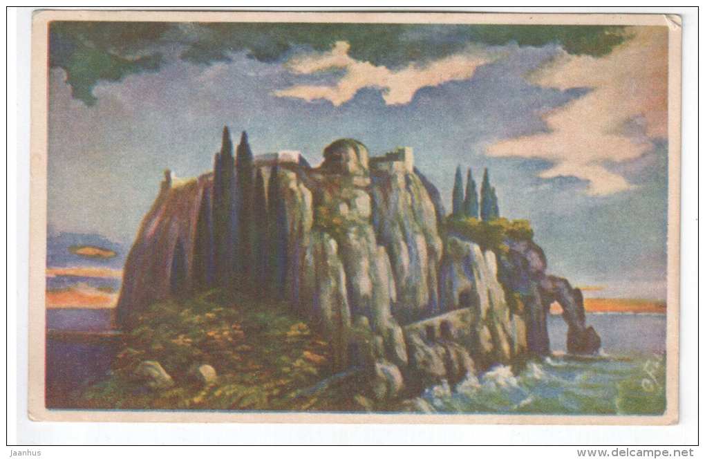 illustration by Fiebiger - castle , rock - WO 1013 - old postcard - circulated in Estonia - used - JH Postcards