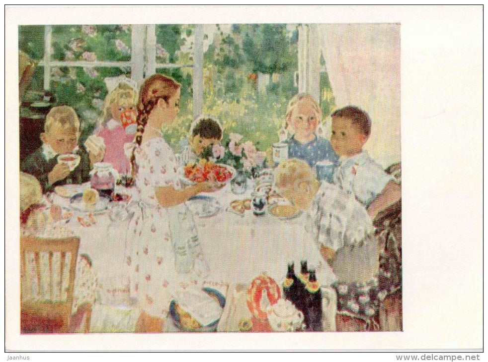 Painting by O. Bogayevskaya - 1 - Guests . Children`s Birthday , 1960 - russian art - unused - JH Postcards