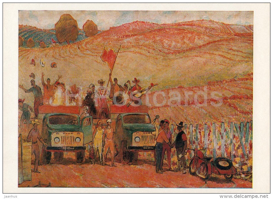 painting by I. Zhumatiy - Student squad , 1974 - ZIL truck - motorbike - Moldavian art - Russia USSR - 1978 - unused - JH Postcards