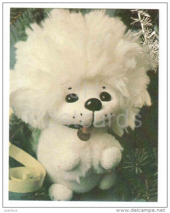 New Year Mini Greeting Card - white dog - doll - 1989 - Russia USSR - unused - JH Postcards
