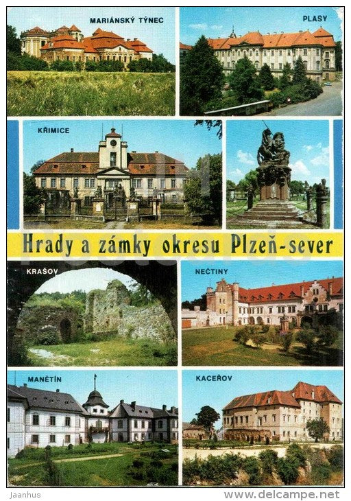 Castles near Plzen - Mariansky Tynec - Plasy - Krimice - Krasov - Nectiny - Manetin - Czechoslovakia - Czech - used 1990 - JH Postcards
