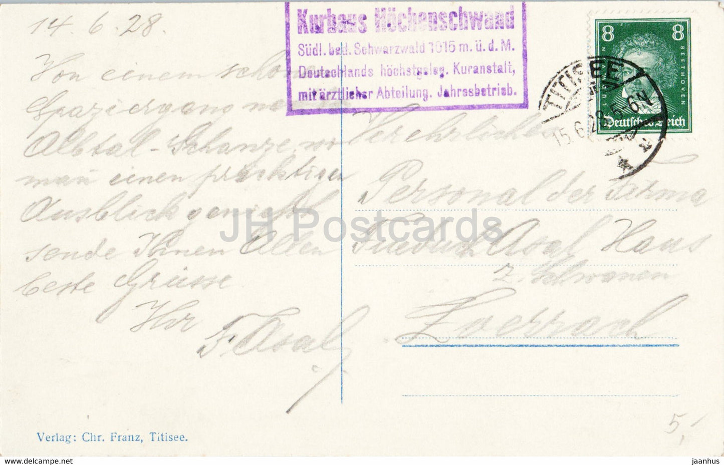 Hochenschwand - Schwarzwald - 1015 m - Kurhaus Hohenschwand - old postcard - 1928 - Germany - used
