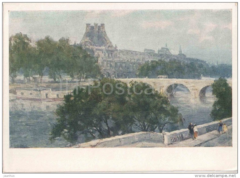painting by P. Krylov - Paris - Louvre - river - russian art - unused - JH Postcards