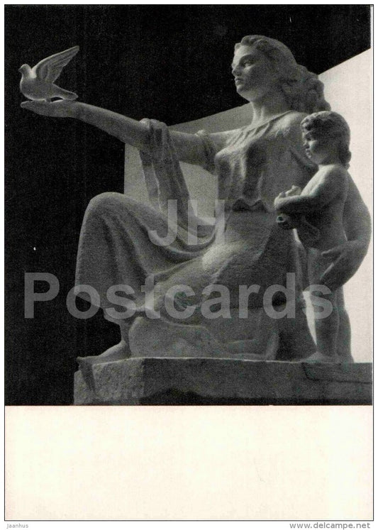 sculpture by Juozas Mikenas - Peace , 1960 - woman and child - dove - lithuanian art - unused - JH Postcards