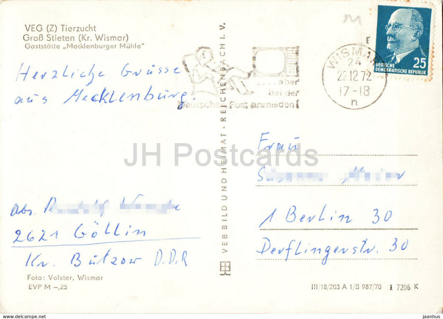 VEG Tierzucht - Gross Stieten - Gaststatte Mecklenburger Muhle - moulin à vent - carte postale ancienne - 1972 - Allemagne DDR - utilisé