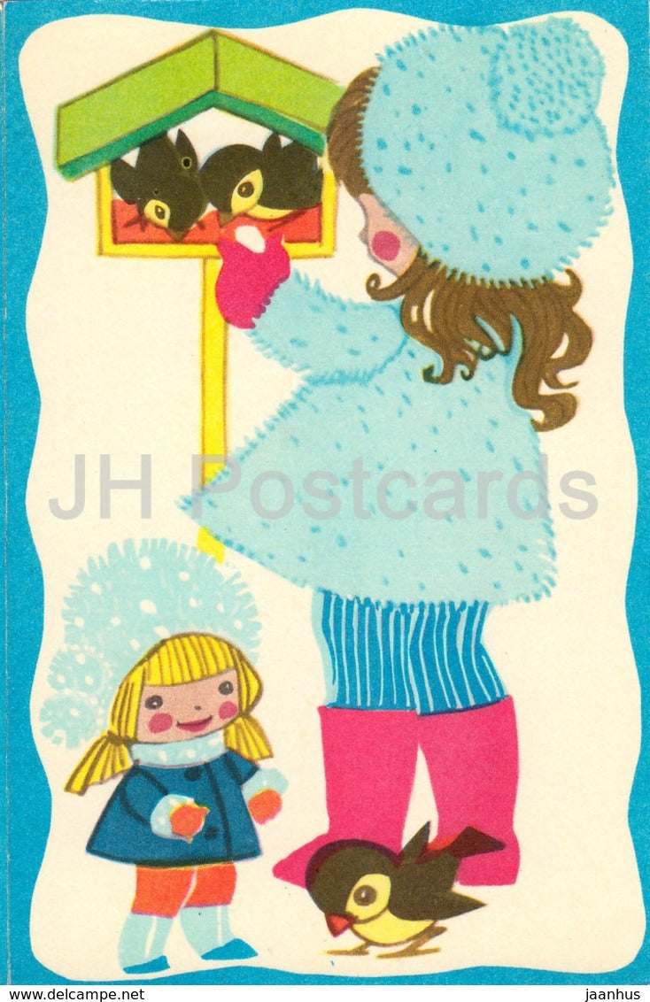 illustration by M. Fuks - Day of Triinu - feeding birds - children - 1975 - Estonia USSR - unused - JH Postcards