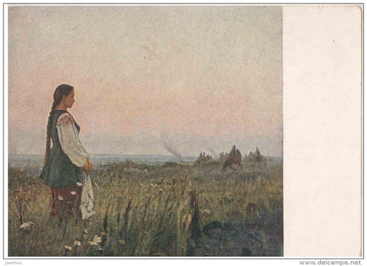 painting by M. Krivenko - Cossack went to war - woman - russian art - unused - JH Postcards