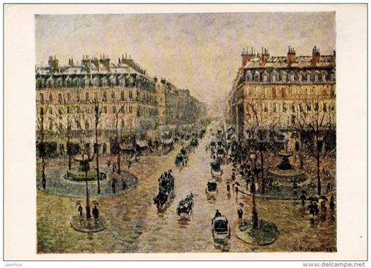 painting by Camille Pissarro - Avenue de l´Opera - carriages - french art - unused - JH Postcards