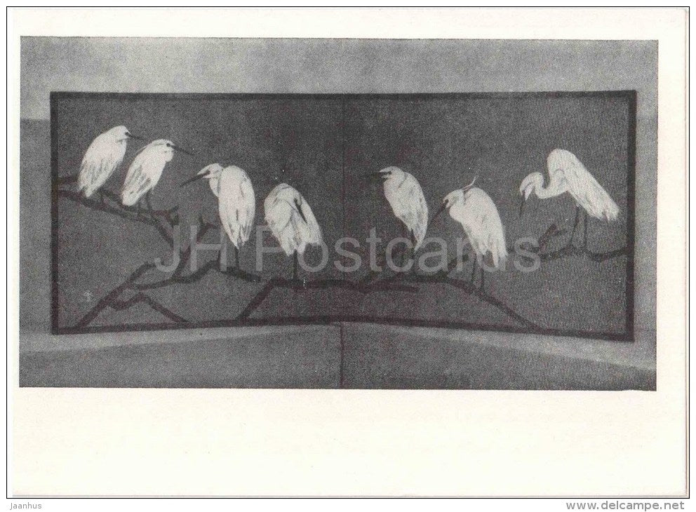 painting on textile by Narutake Tomoo - Herons - japanese art - unused - JH Postcards