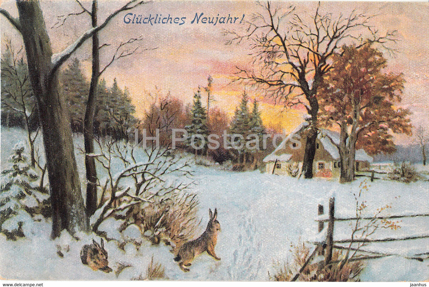 New Year Greeting Card - Gluckliches Neujahr - hare - house - 1076 - old postcard - 1926 - Germany - used - JH Postcards