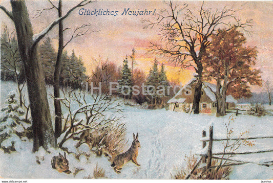 New Year Greeting Card - Gluckliches Neujahr - hare - house - 1076 - old postcard - 1926 - Germany - used - JH Postcards