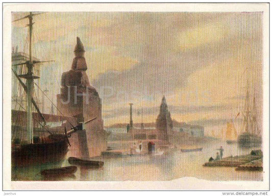 painting by M. Vorobyev - Neva embankment with sphinxes at the Academy of Fine Art , 1835 - ship - russian art - unused - JH Postcards