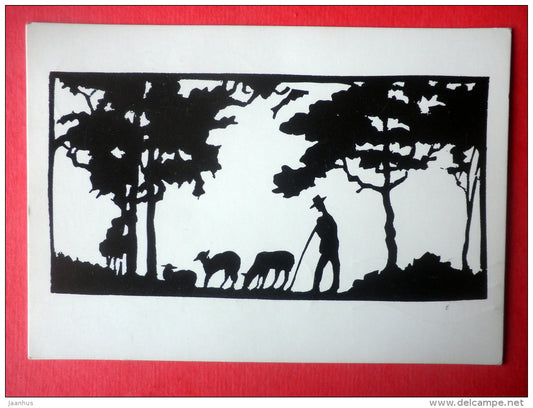 silhouette by Emil Cedercreutz - man - sheep - Finland - sent from Finland Turku to Estonia USSR 1985 - JH Postcards