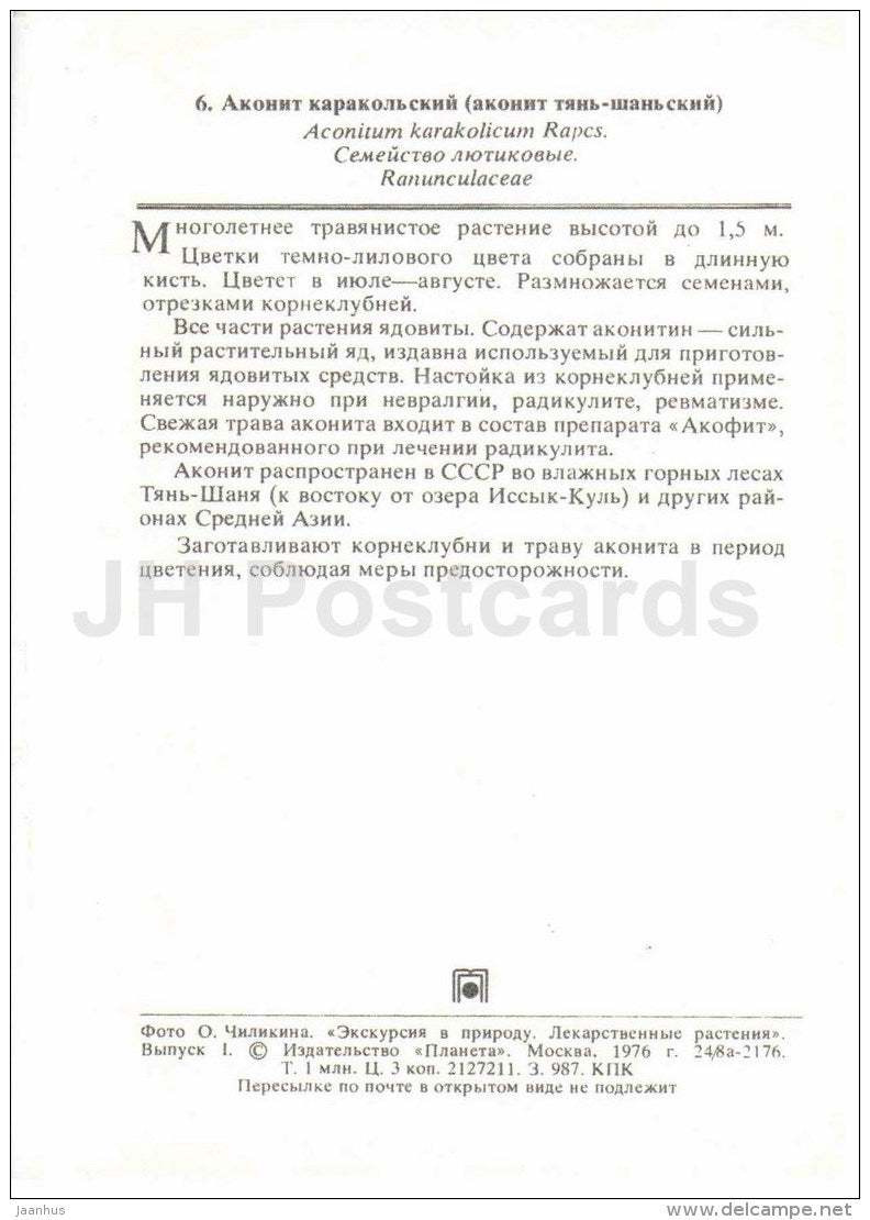 Aconitum karakolicum - medicinal plants - 1976 - Russia USSR - unused - JH Postcards