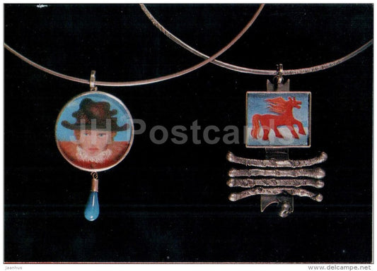 Necklace Red Horse and Lady in Hat by J. Arrak - silver - estonian jewelery art - 1975 - Estonia USSR - unused - JH Postcards