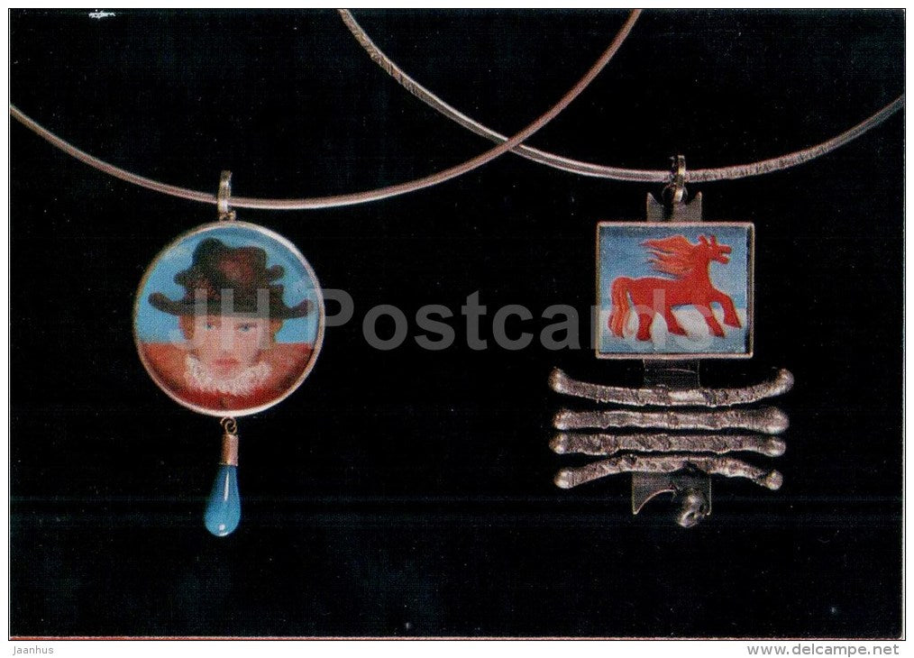 Necklace Red Horse and Lady in Hat by J. Arrak - silver - estonian jewelery art - 1975 - Estonia USSR - unused - JH Postcards