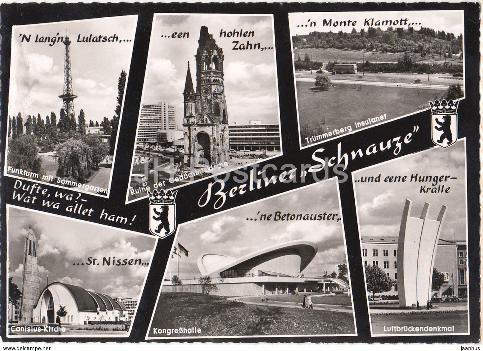 Berlin - Berliner Schnauze - Funkturm - Gedachtniskirche - Trummerberg - Kongresshalle - 1960 - Germany - used - JH Postcards