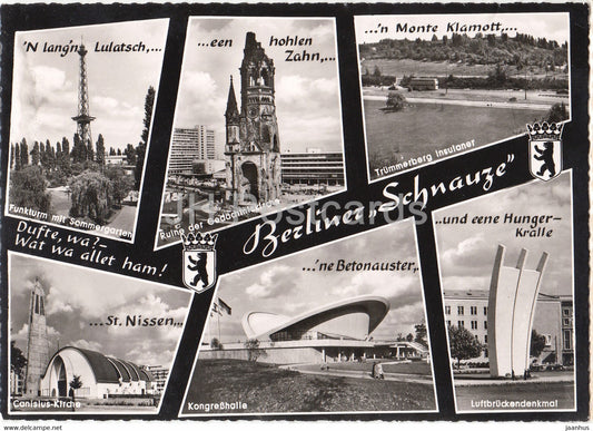 Berlin - Berliner Schnauze - Funkturm - Gedachtniskirche - Trummerberg - Kongresshalle - 1960 - Germany - used - JH Postcards