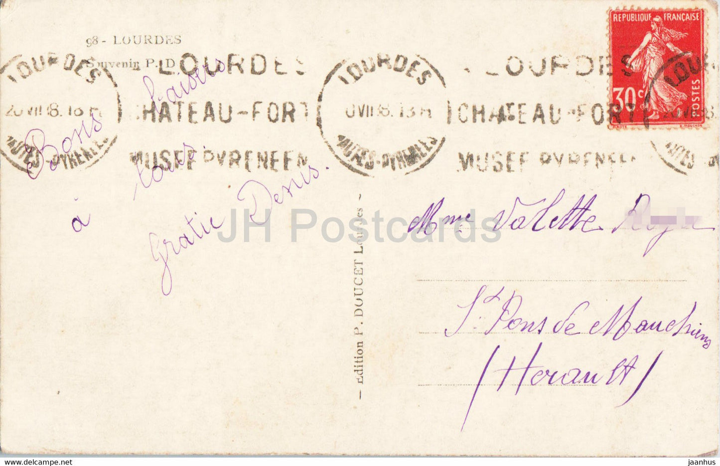 Lourdes - A La Grotte Benie J'Ai Prie Pour Vous - 98 - old postcard - 1918 - France - used