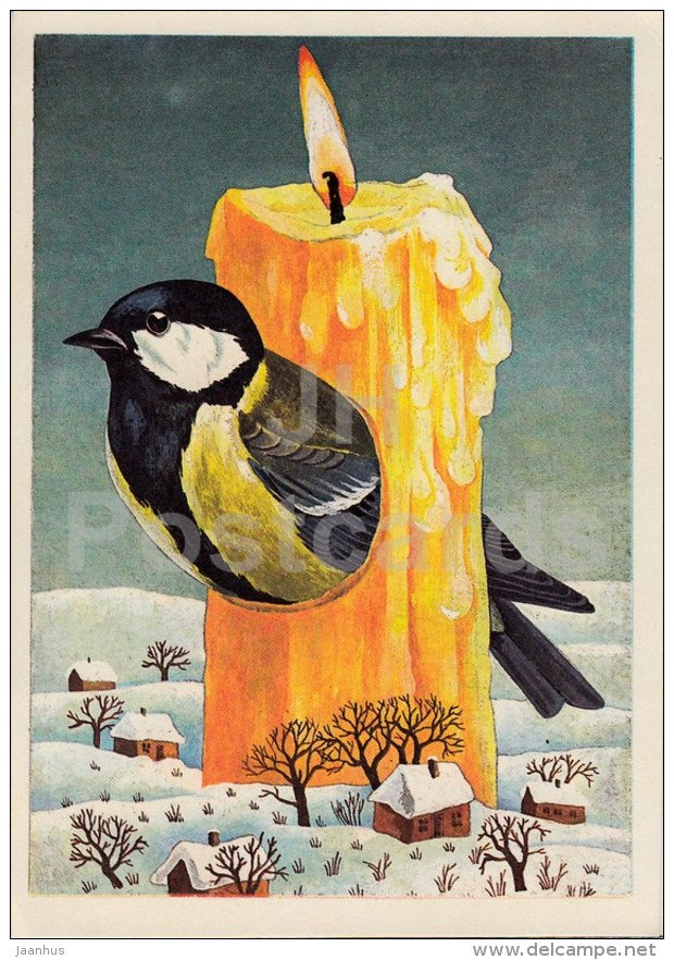 New Year Greeting card by J. Tammsaar - tit - bird - candle - houses - 1986 - Estonia USSR - used - JH Postcards