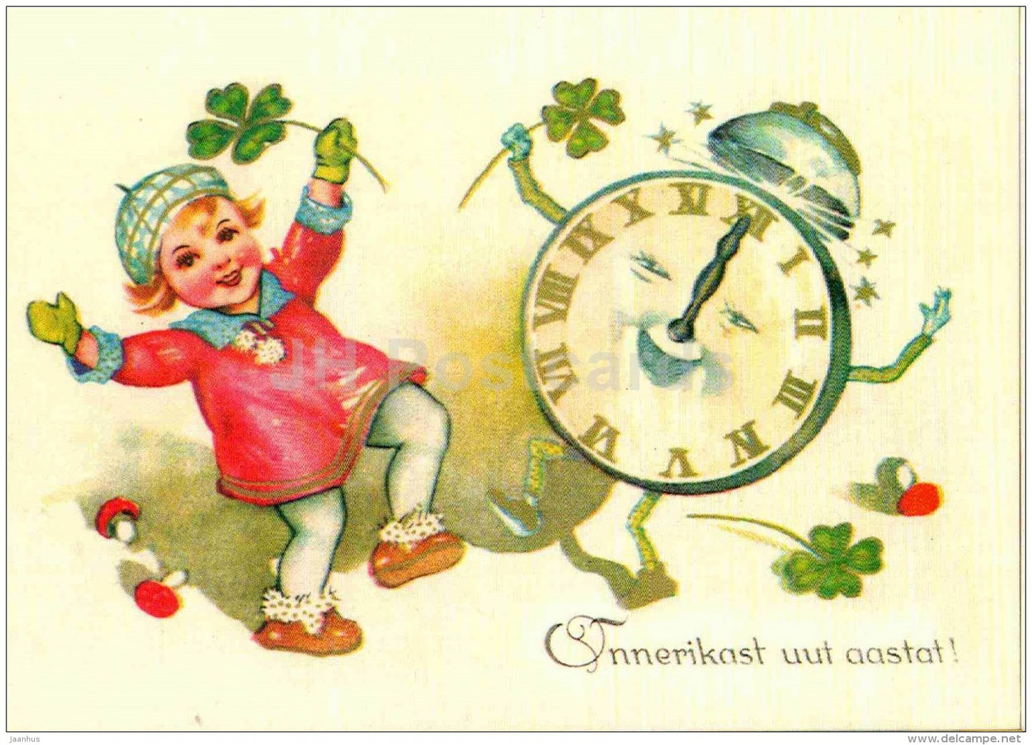New Year Greeting Card - girl - clock - mushrooms - old postcard reproduction - Estonia - unused - JH Postcards