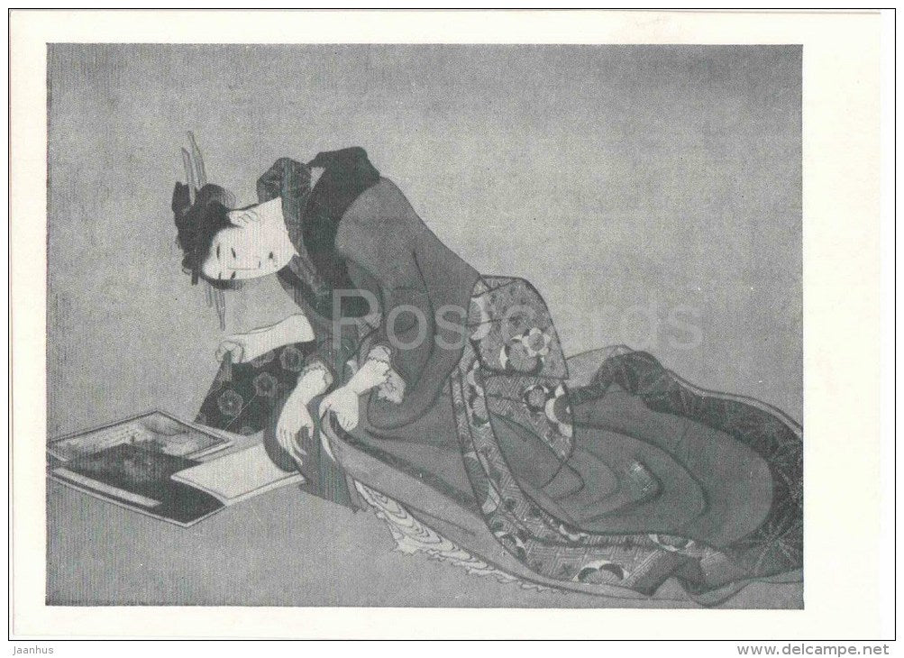 painting by Katsusika Hokusai - Reading Book - woman - japanese art - unused - JH Postcards