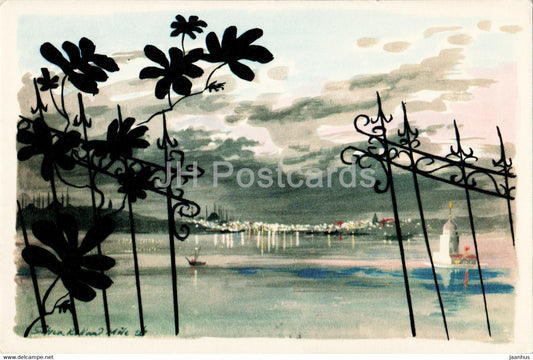 Istanbul - Night in Istanbul - illustration - old postcard - Turkey - unused - JH Postcards