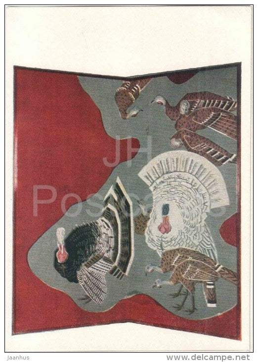painting on textile by Kobayashi Kiyoshi - Turkeys - japanese art - unused - JH Postcards