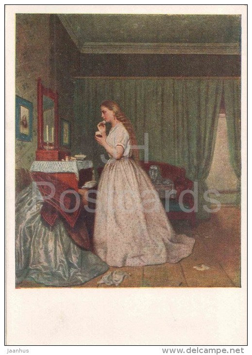 painting by V. Timofeyev - The Girl's Restroom , 1865 - make-up - russian art - unused - JH Postcards